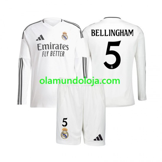 Camisola Real Madrid Jude Bellingham 5 Criança Equipamento Primeiro 2024-2025 Manga Comprida